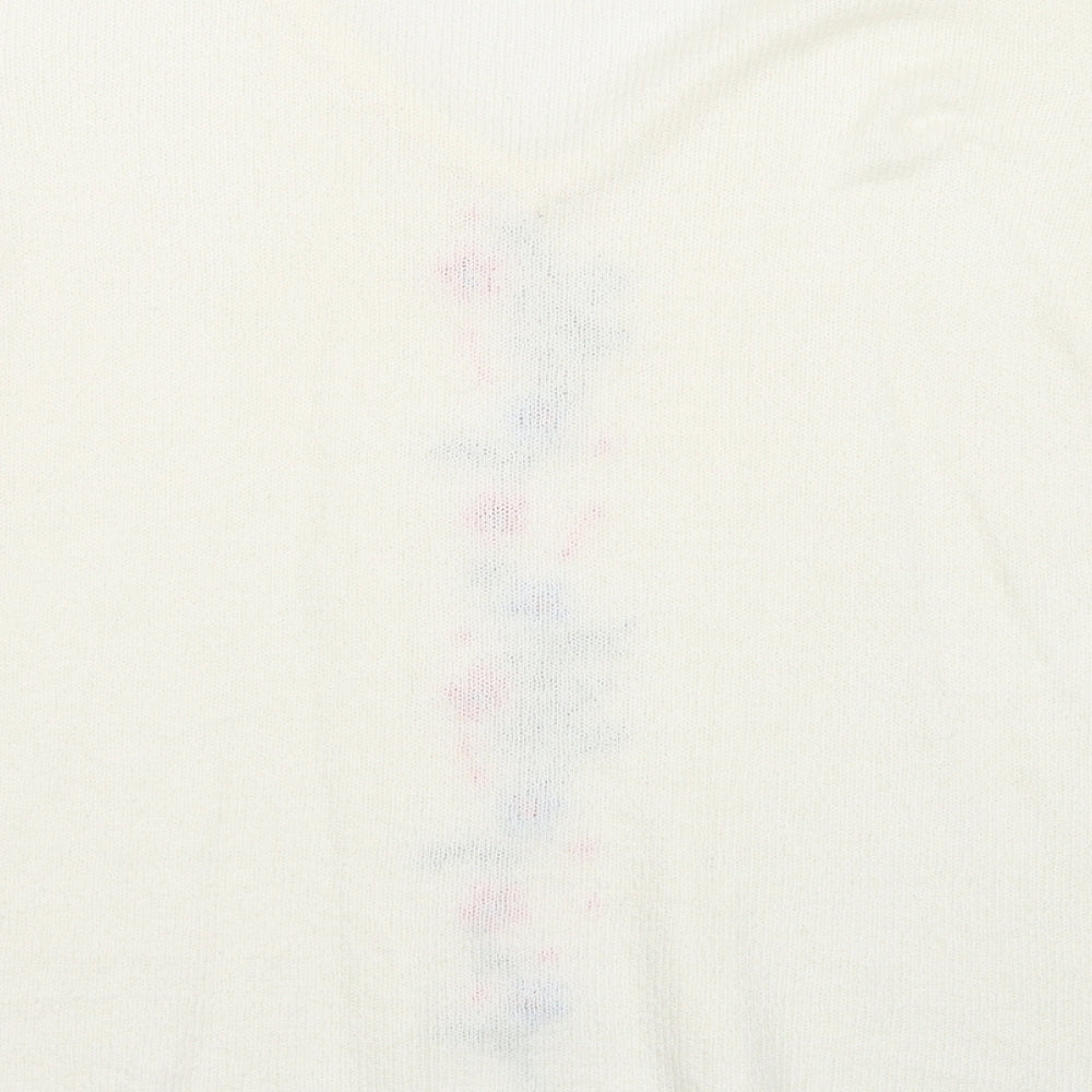 Bonmarché Womens White Acrylic Basic T-Shirt Size L V-Neck - Flowers Details