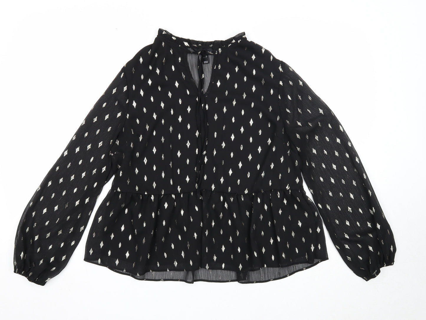 New Look Womens Black Geometric Polyester Basic Blouse Size 12 V-Neck