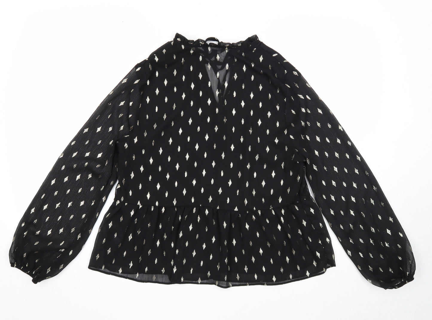 New Look Womens Black Geometric Polyester Basic Blouse Size 12 V-Neck