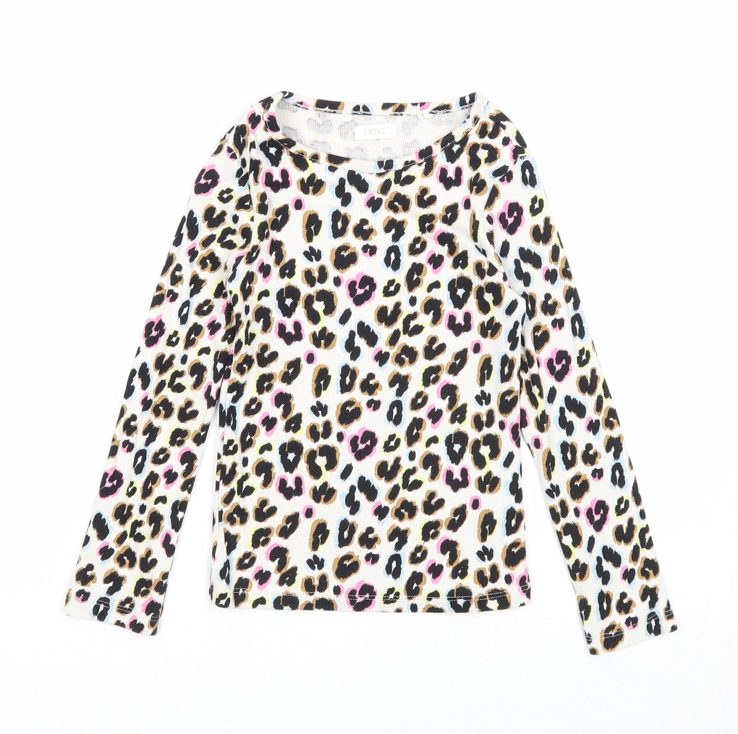 NEXT Girls Multicoloured Animal Print Cotton Basic T-Shirt Size 5 Years Round Neck Pullover - Leopard Pattern