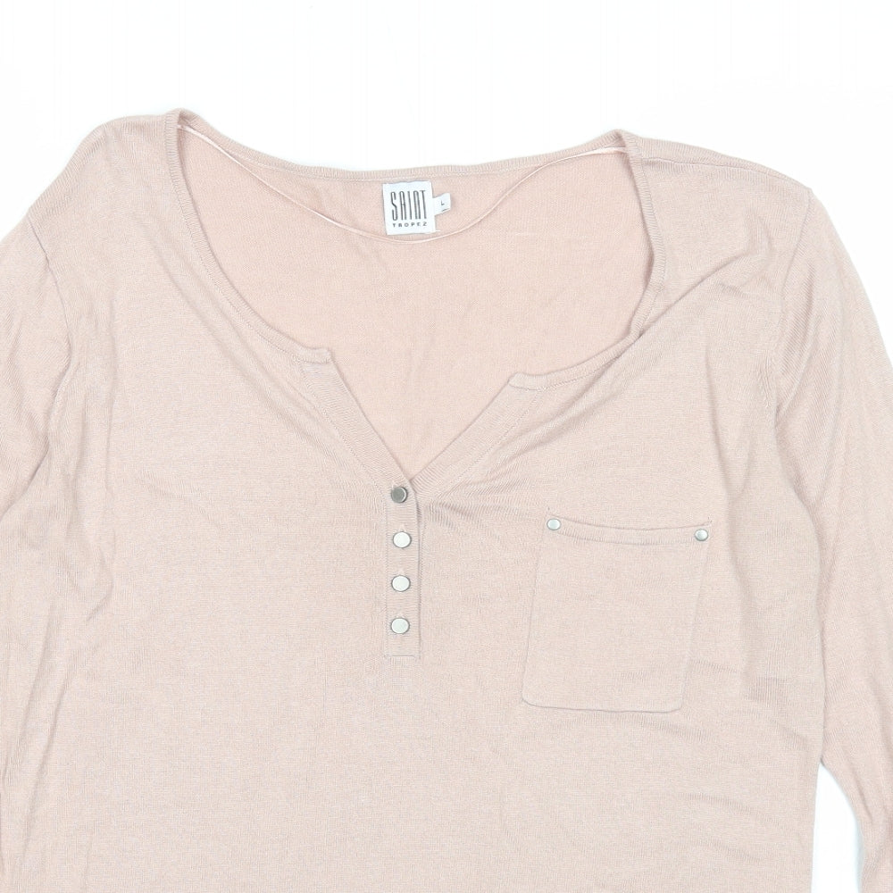 Saint Tropez Clothing Womens Beige Viscose Basic T-Shirt Size L V-Neck