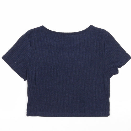 Preworn Womens Blue Polyester Cropped T-Shirt Size M Round Neck