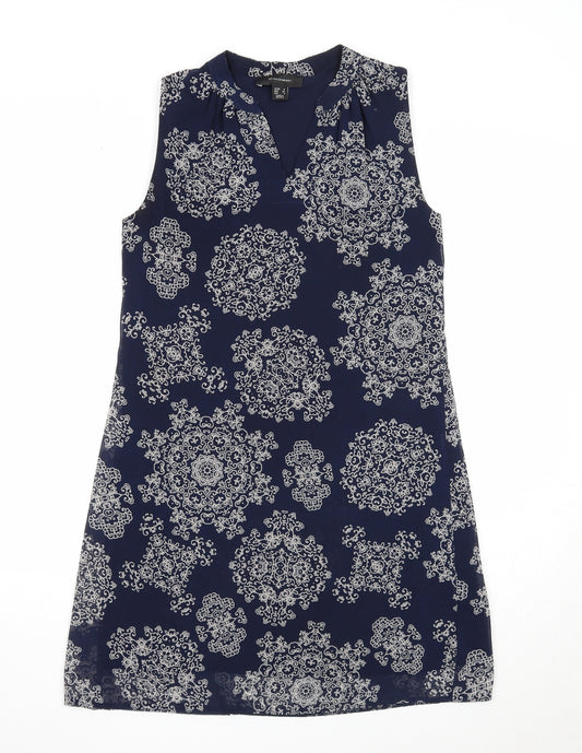 Front view of Atmosphere women’s blue geometric polyester a-line, size UK 6, v-neck pullover