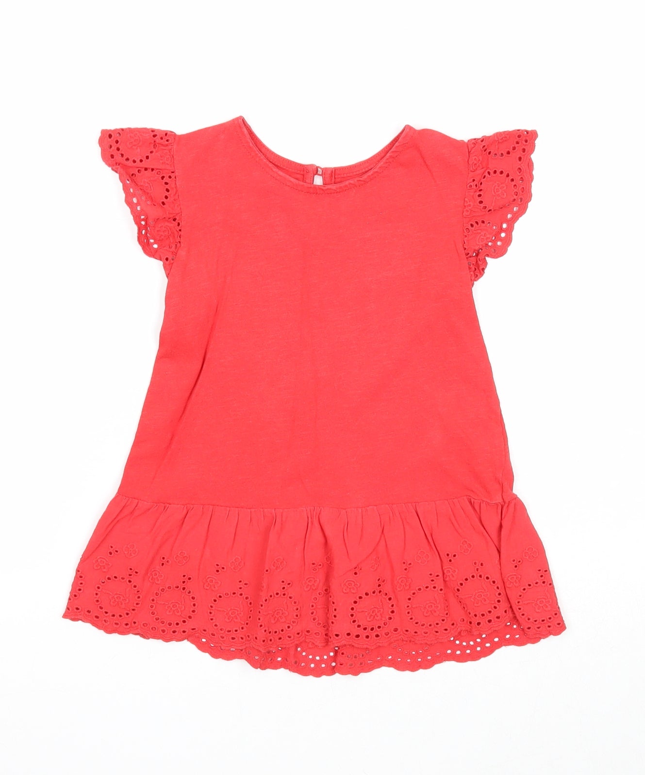 Preworn Girls Red Cotton A-Line Size 2-3 Years Round Neck Button - Broderie Anglaise