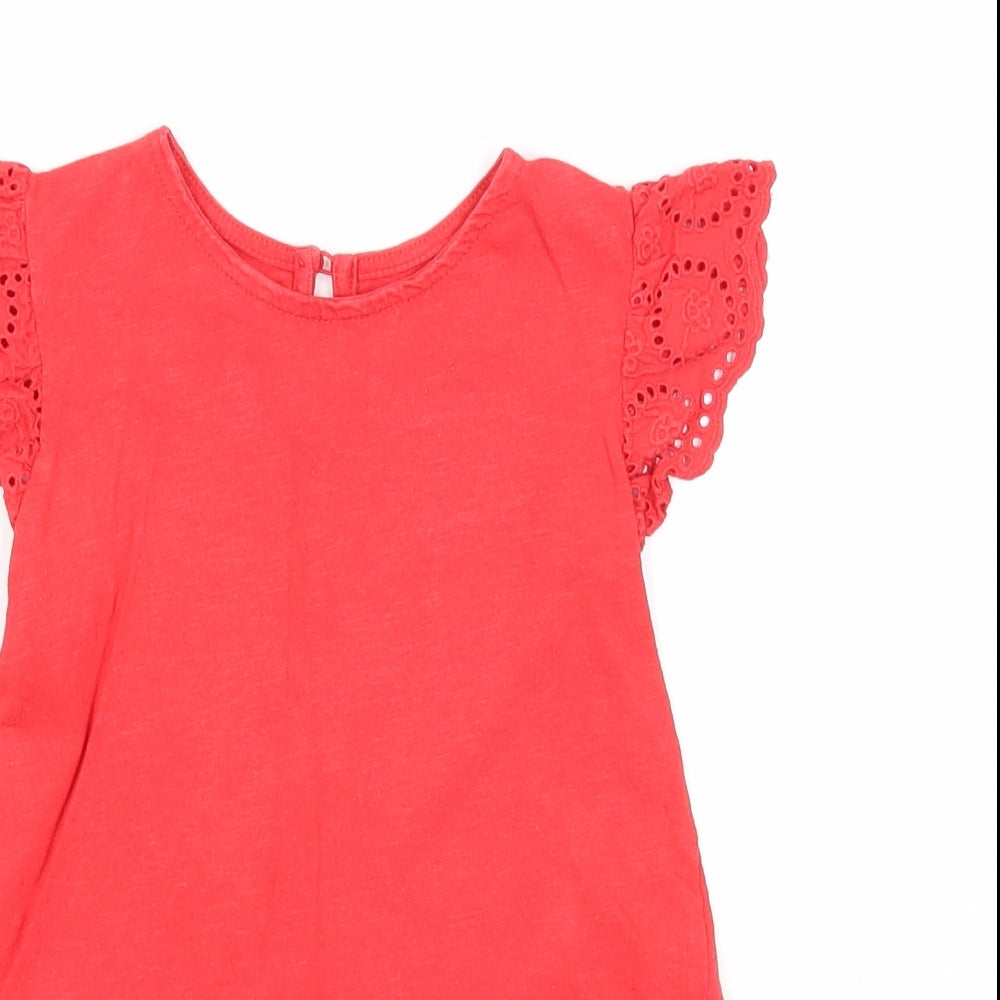 Preworn Girls Red Cotton A-Line Size 2-3 Years Round Neck Button - Broderie Anglaise