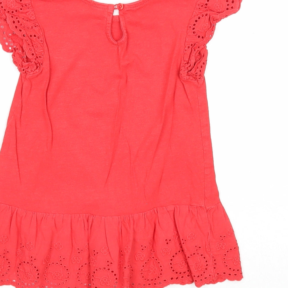 Preworn Girls Red Cotton A-Line Size 2-3 Years Round Neck Button - Broderie Anglaise