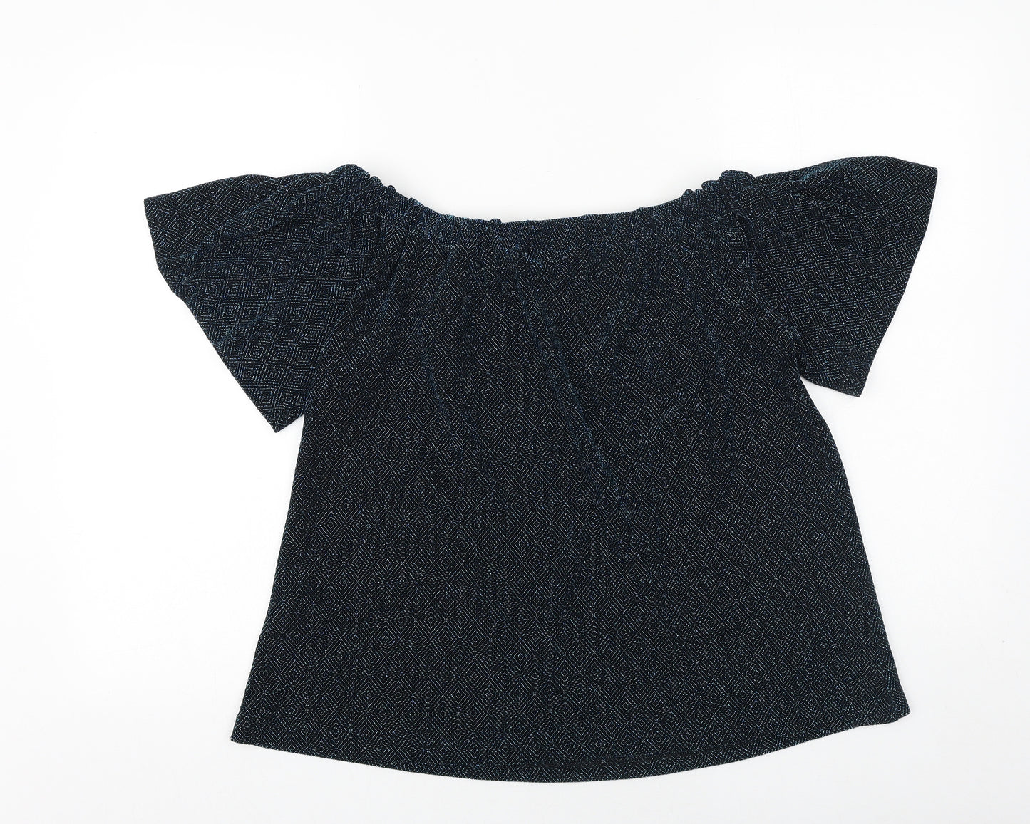 Papaya Womens Blue Geometric Polyamide Basic Blouse Size 10 Off the Shoulder