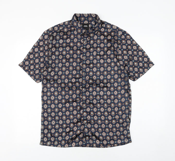 Burton Mens Blue Geometric Polyester Button-Up Size S Collared Button