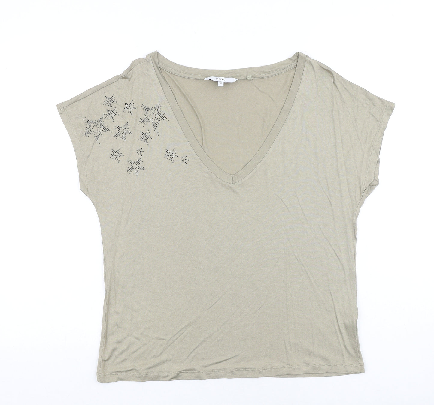 NEXT Womens Grey Viscose Basic T-Shirt Size 10 V-Neck - Stars
