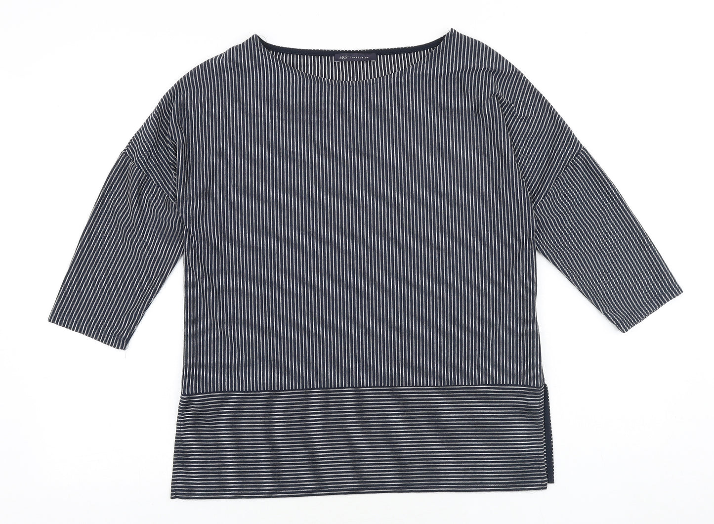 Marks and Spencer Womens Blue Striped Polyester Basic Blouse Size 10 Boat Neck