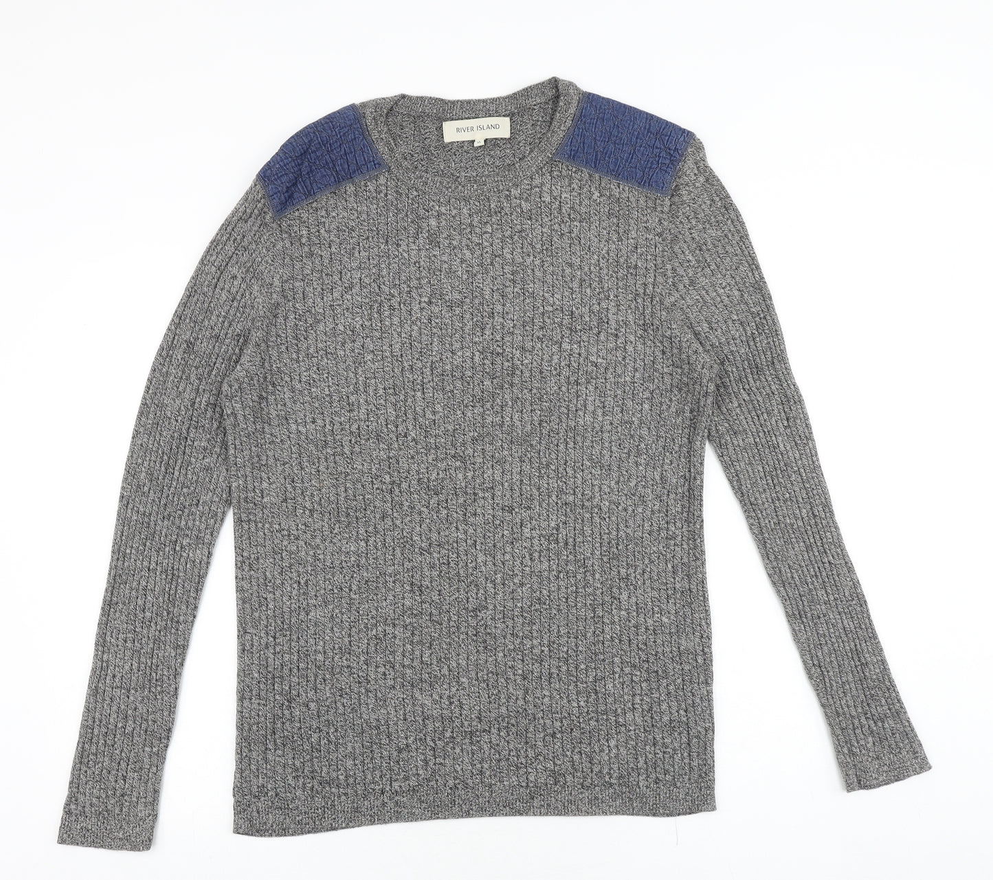 River Island Mens Grey Round Neck Cotton Pullover Jumper Size XL Long Sleeve