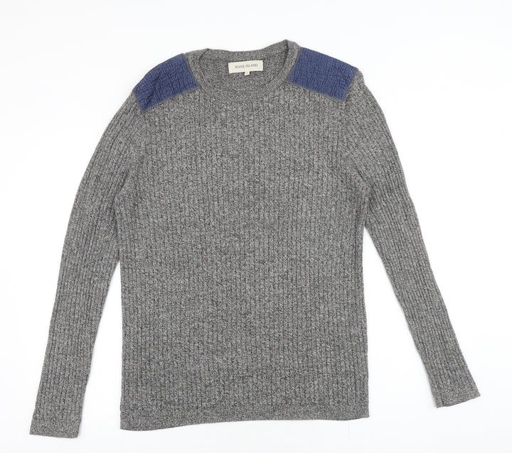 River Island Mens Grey Round Neck Cotton Pullover Jumper Size XL Long Sleeve