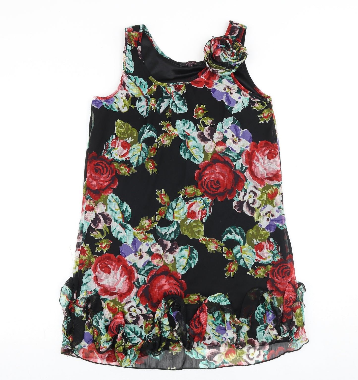 Lila Womens Black Floral Polyester Basic Tank Size 12 Round Neck
