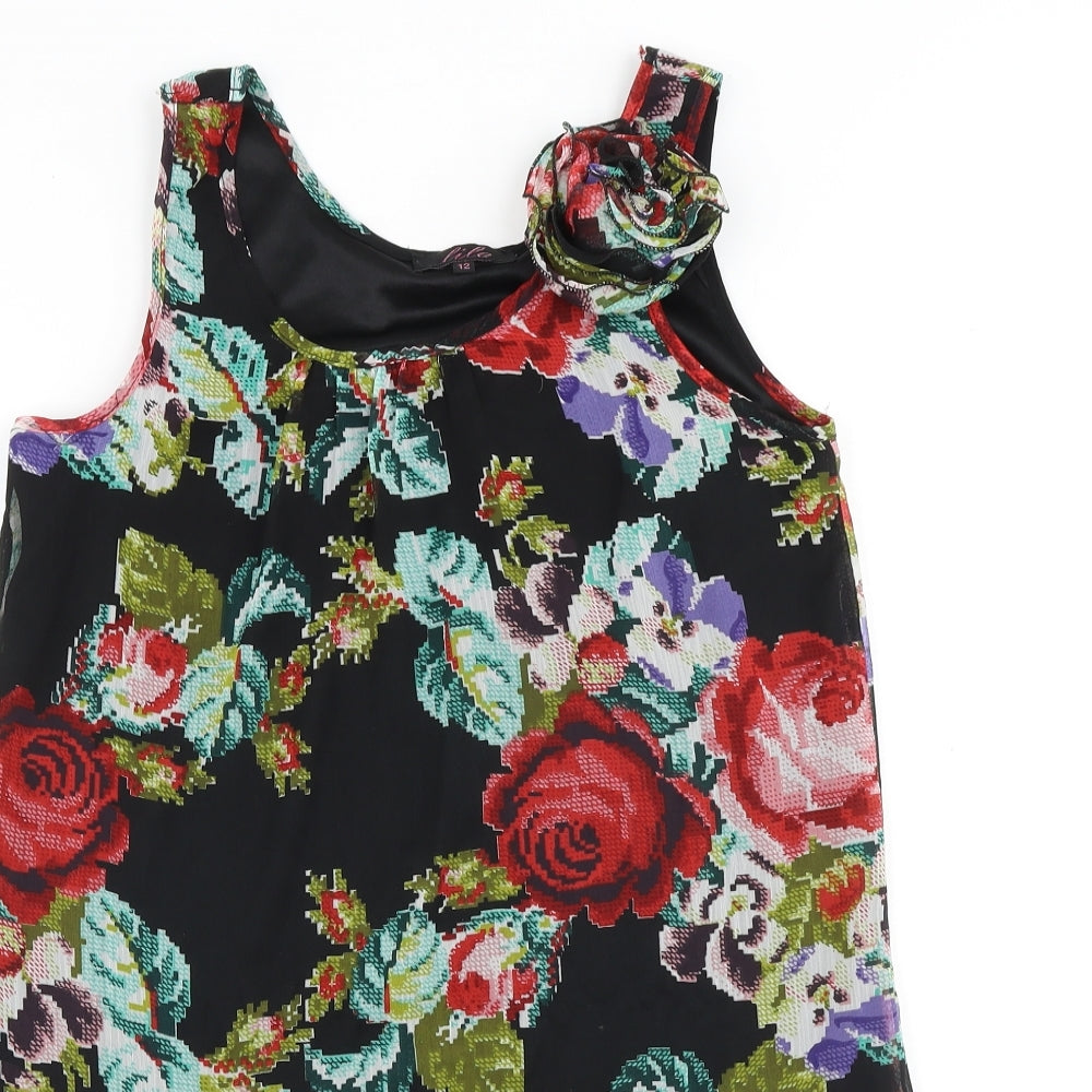 Lila Womens Black Floral Polyester Basic Tank Size 12 Round Neck