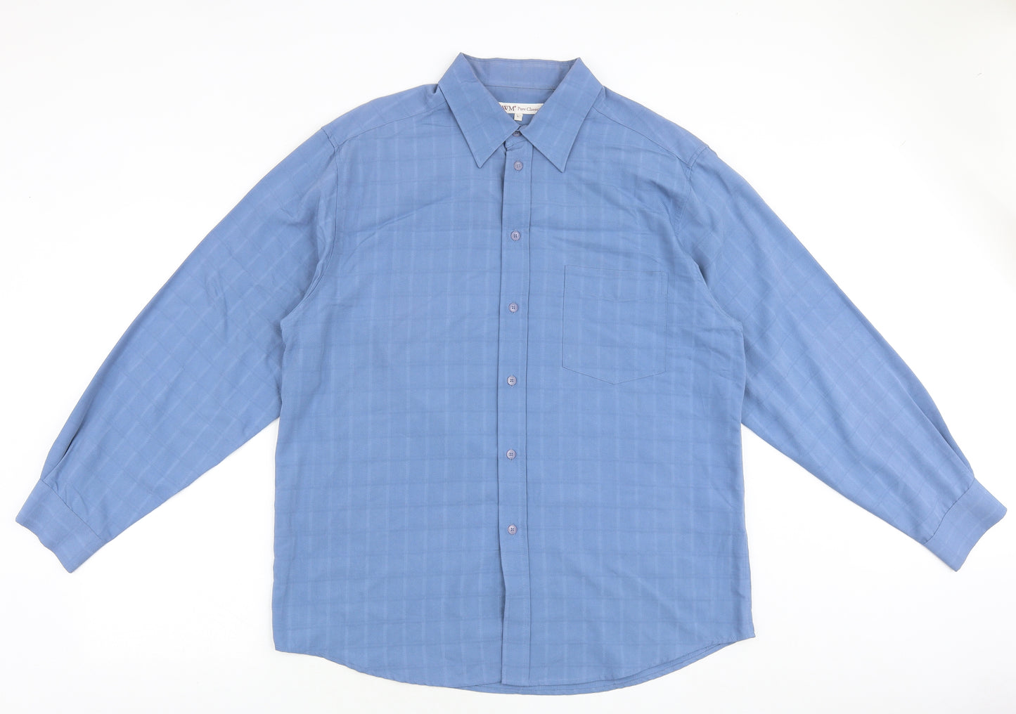 EWM Mens Blue Check Viscose Button-Up Size L Collared Button