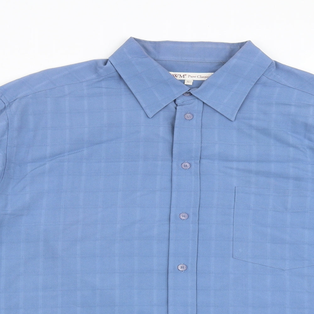 EWM Mens Blue Check Viscose Button-Up Size L Collared Button