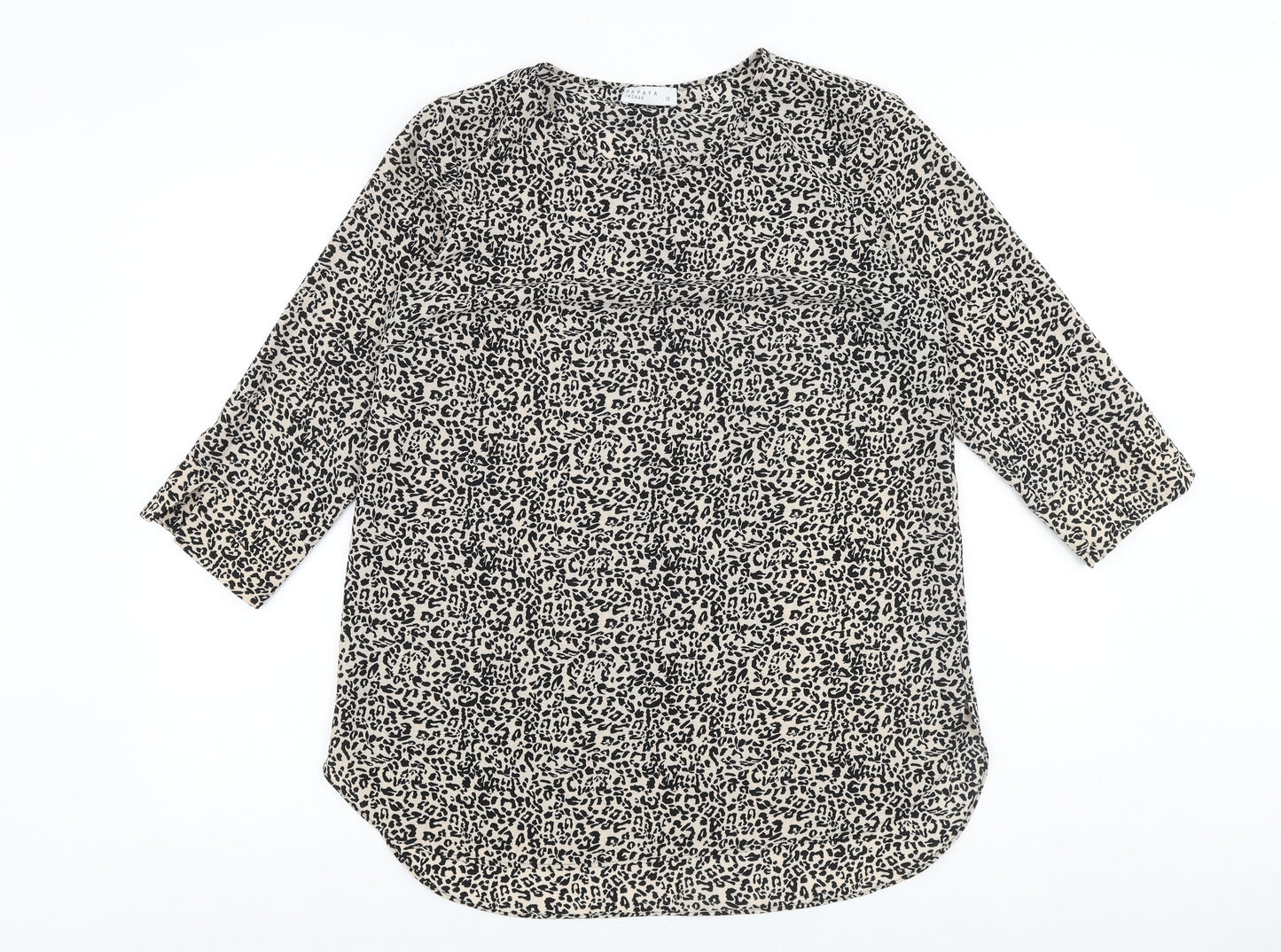 Papaya Womens Black Animal Print Polyester Basic Blouse Size 12 Boat Neck - Leopard Print