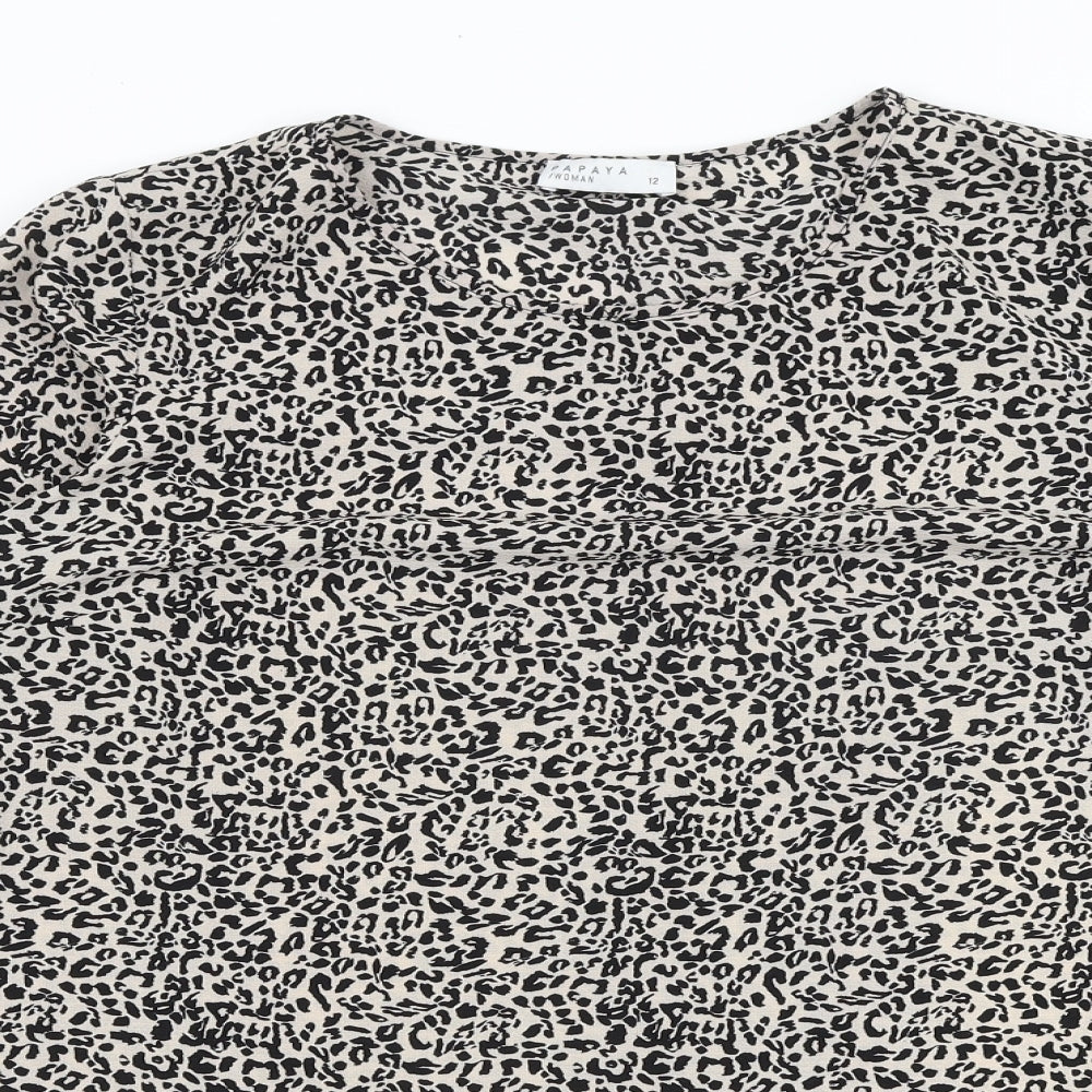 Papaya Womens Black Animal Print Polyester Basic Blouse Size 12 Boat Neck - Leopard Print