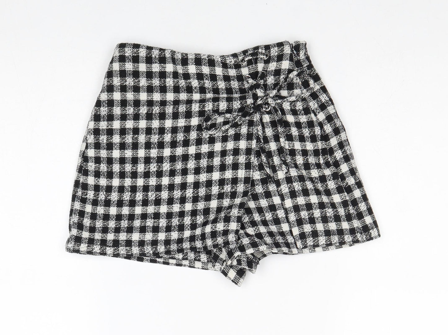 Bershka Womens Black Check Cotton Mini Skort Size 6 Zip