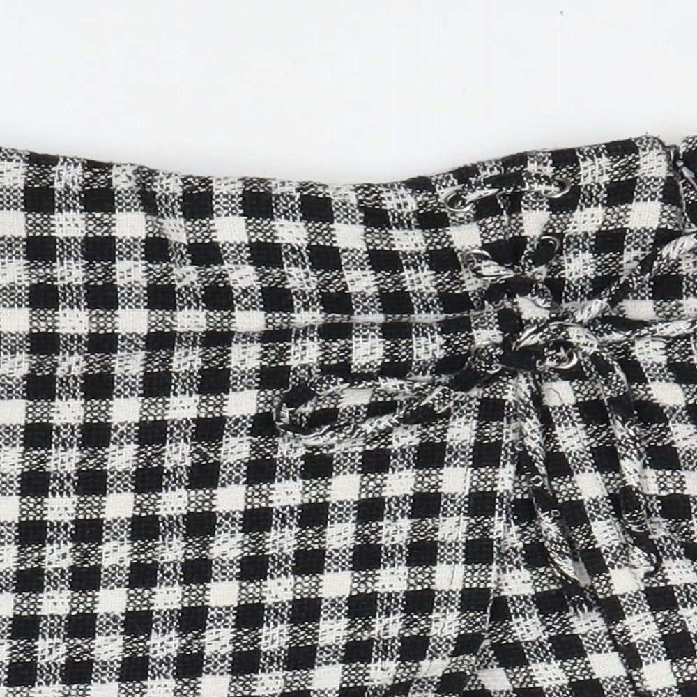 Bershka Womens Black Check Cotton Mini Skort Size 6 Zip