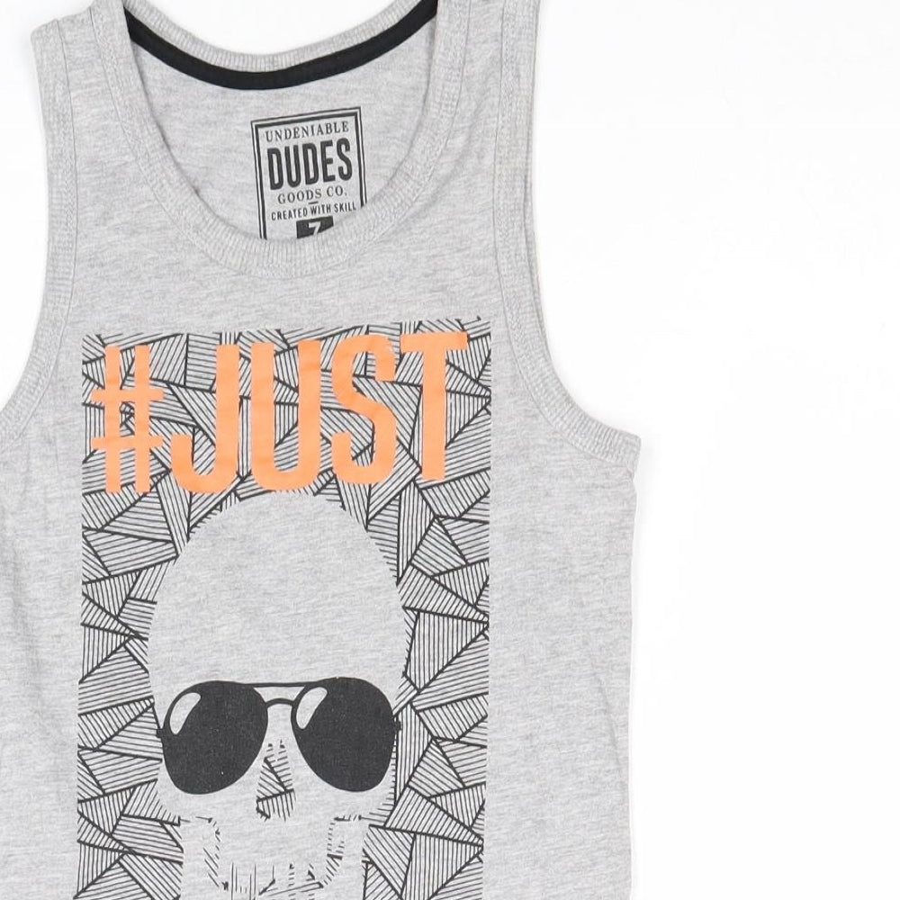 Matalan# Boys Grey Cotton Pullover Tank Size 7 Years Scoop Neck Pullover - Skull