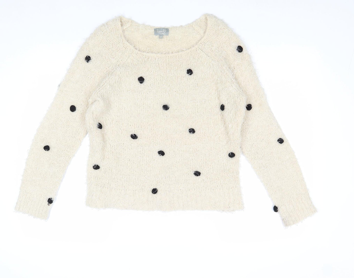 Lottie Loves Womens Beige Boat Neck Polyester Pullover Jumper Size 12 - Pom Pom Detail