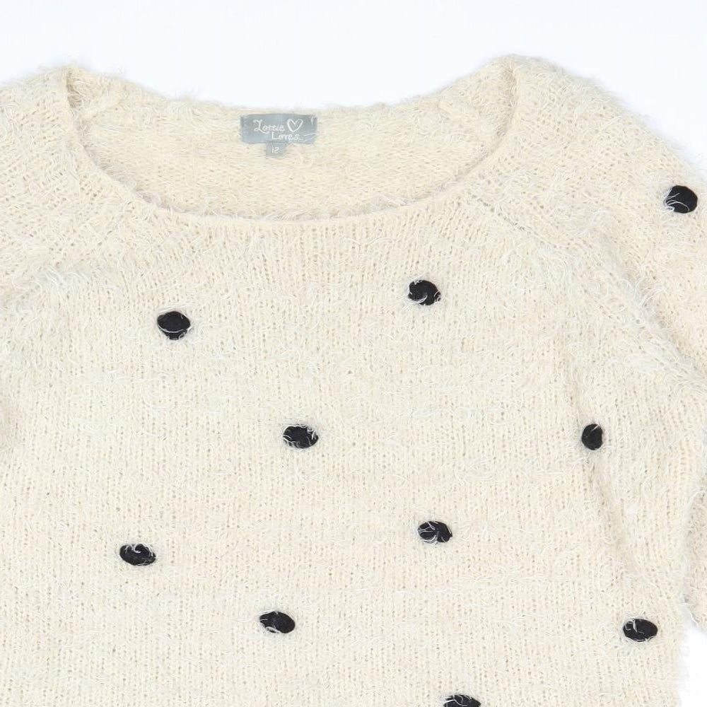 Lottie Loves Womens Beige Boat Neck Polyester Pullover Jumper Size 12 - Pom Pom Detail
