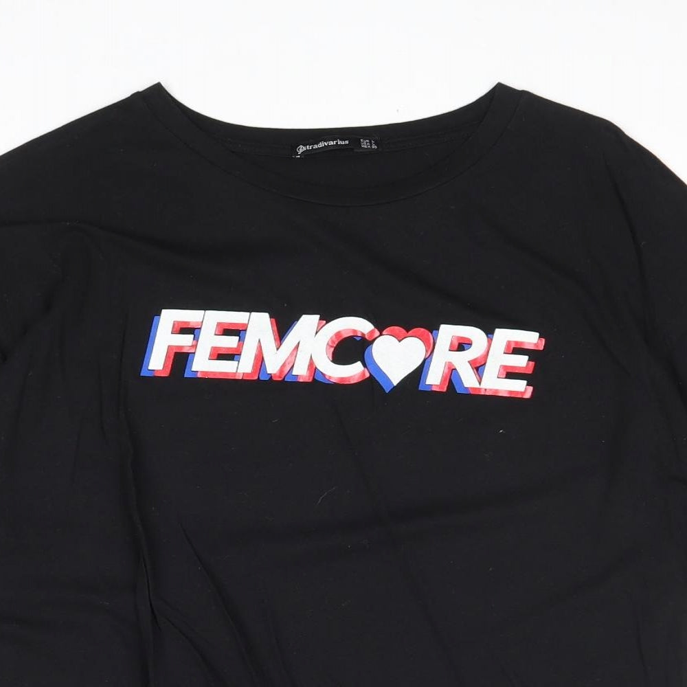 Stradivarius Womens Black 100% Cotton Basic T-Shirt Size L Round Neck - FemCore