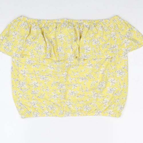 NEXT Womens Yellow Floral 100% Cotton Basic Blouse Size 14 Off the Shoulder