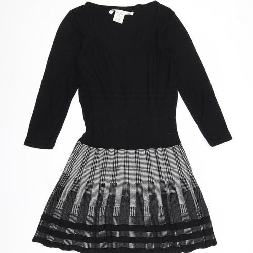 Max Studio Womens Black Geometric Cotton Skater Dress Size M Scoop Neck Pullover
