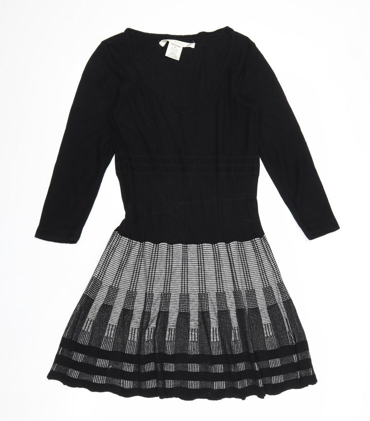Max Studio Womens Black Geometric Cotton Skater Dress Size M Scoop Neck Pullover