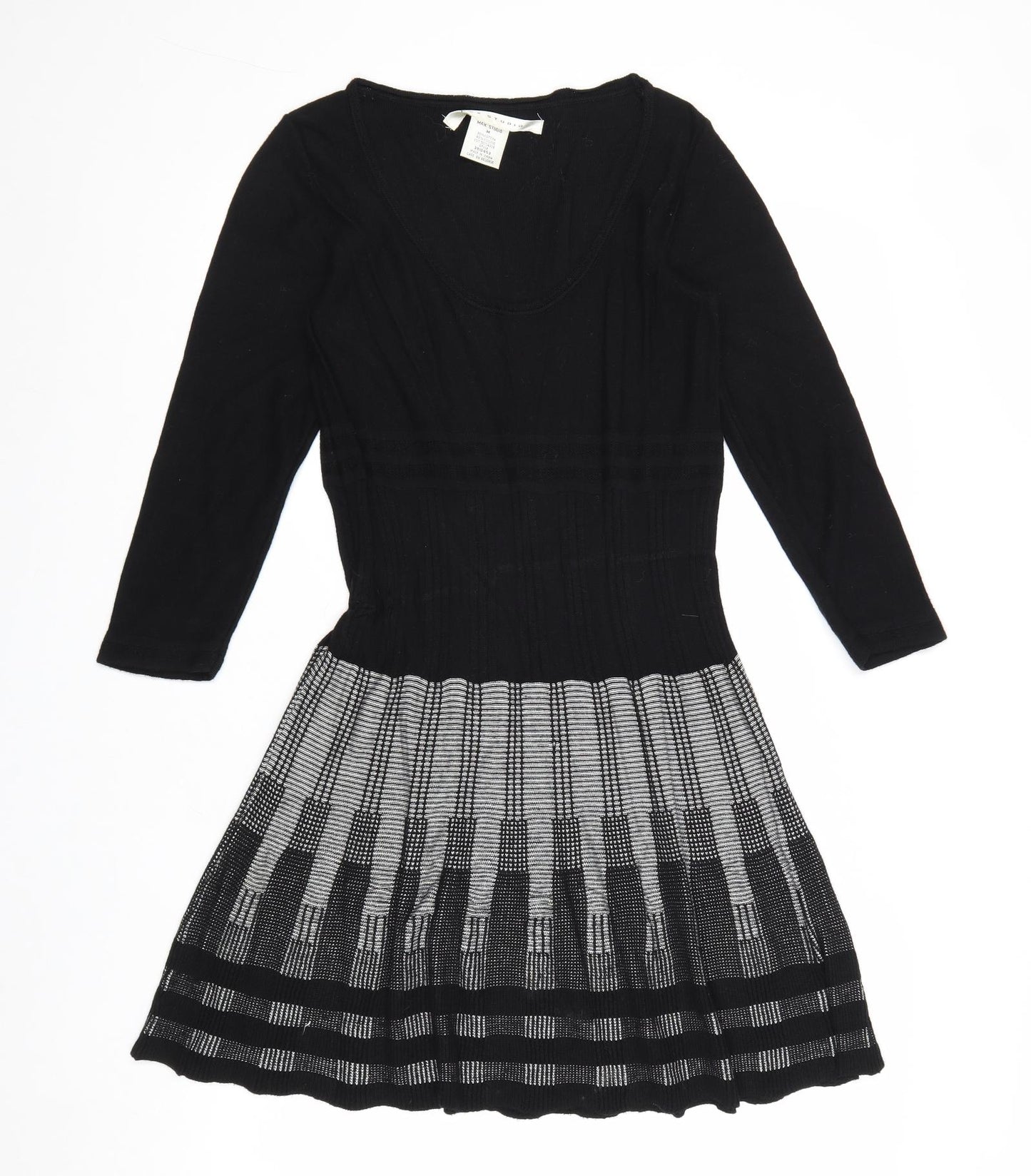 Max Studio Womens Black Geometric Cotton Skater Dress Size M Scoop Neck Pullover
