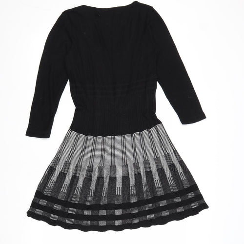 Max Studio Womens Black Geometric Cotton Skater Dress Size M Scoop Neck Pullover