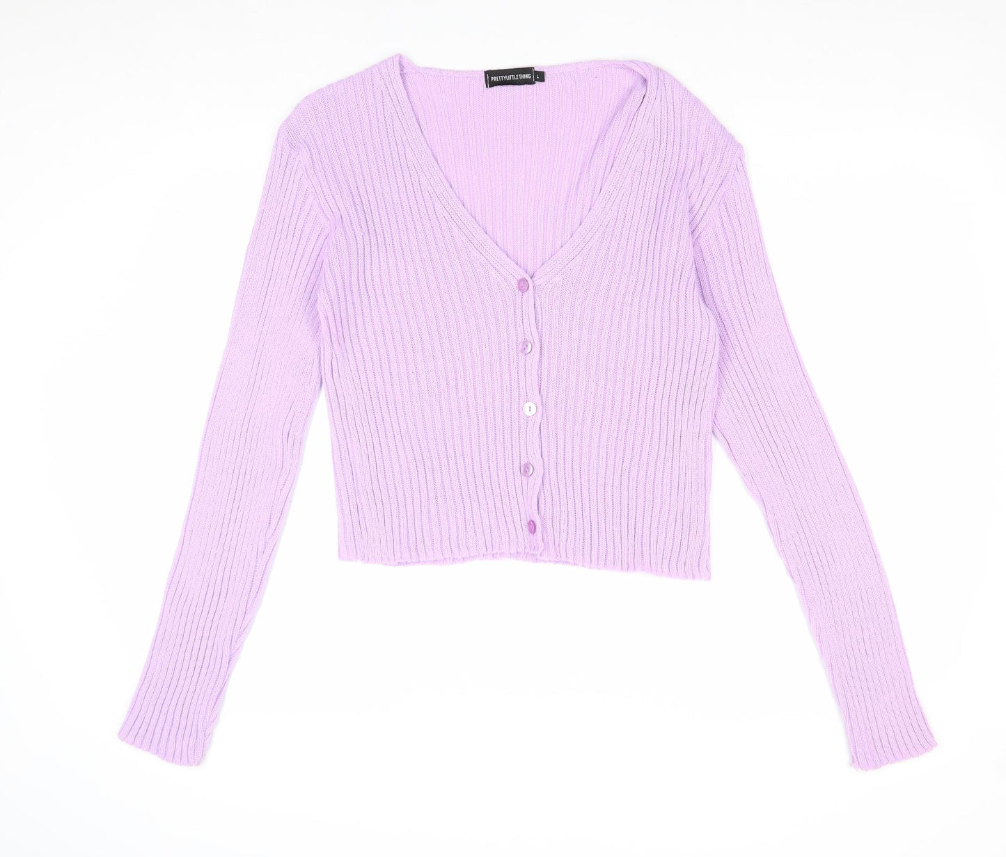 PRETTYLITTLETHING Womens Purple V-Neck Acrylic Cardigan Jumper Size L - Ribbed