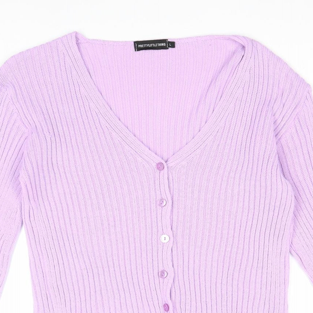 PRETTYLITTLETHING Womens Purple V-Neck Acrylic Cardigan Jumper Size L - Ribbed