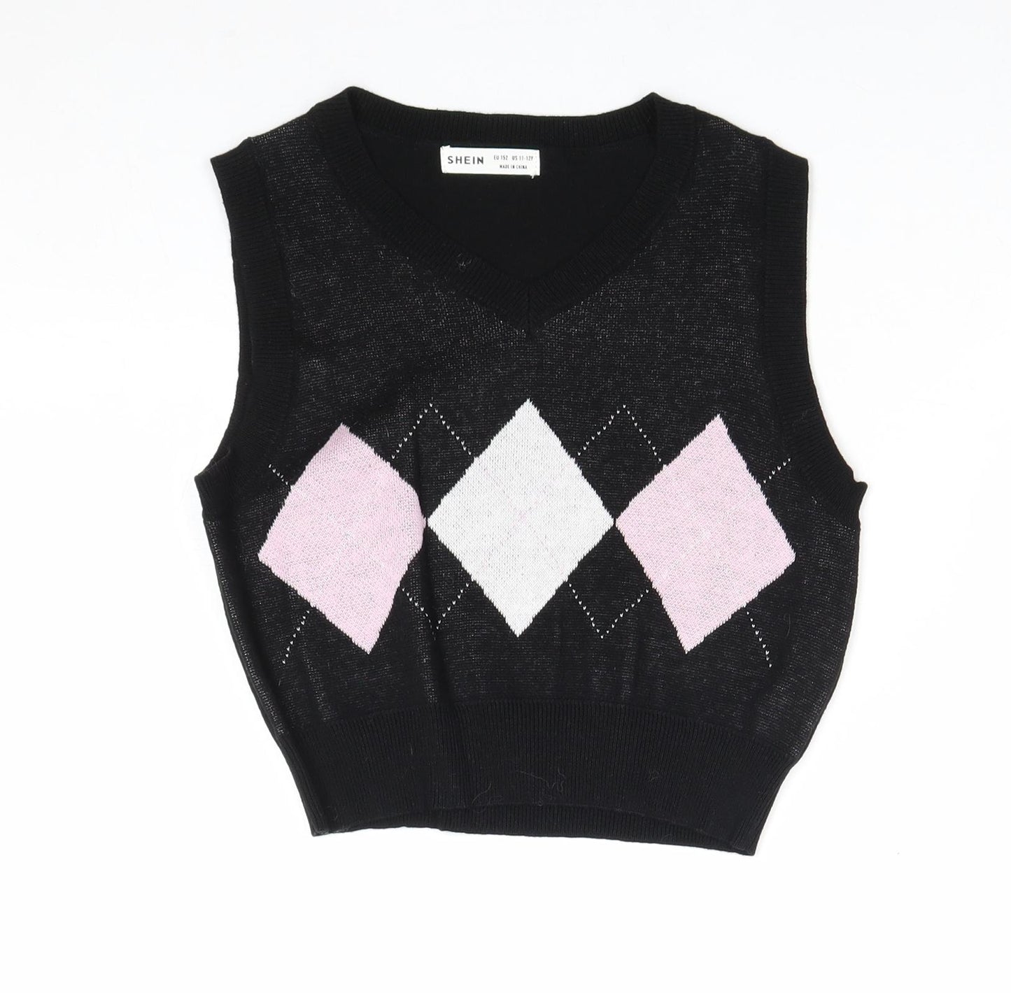 SheIn Girls Black V-Neck Argyle/Diamond Polyacrylate Fibre Vest Jumper Size 11-12 Years Pullover