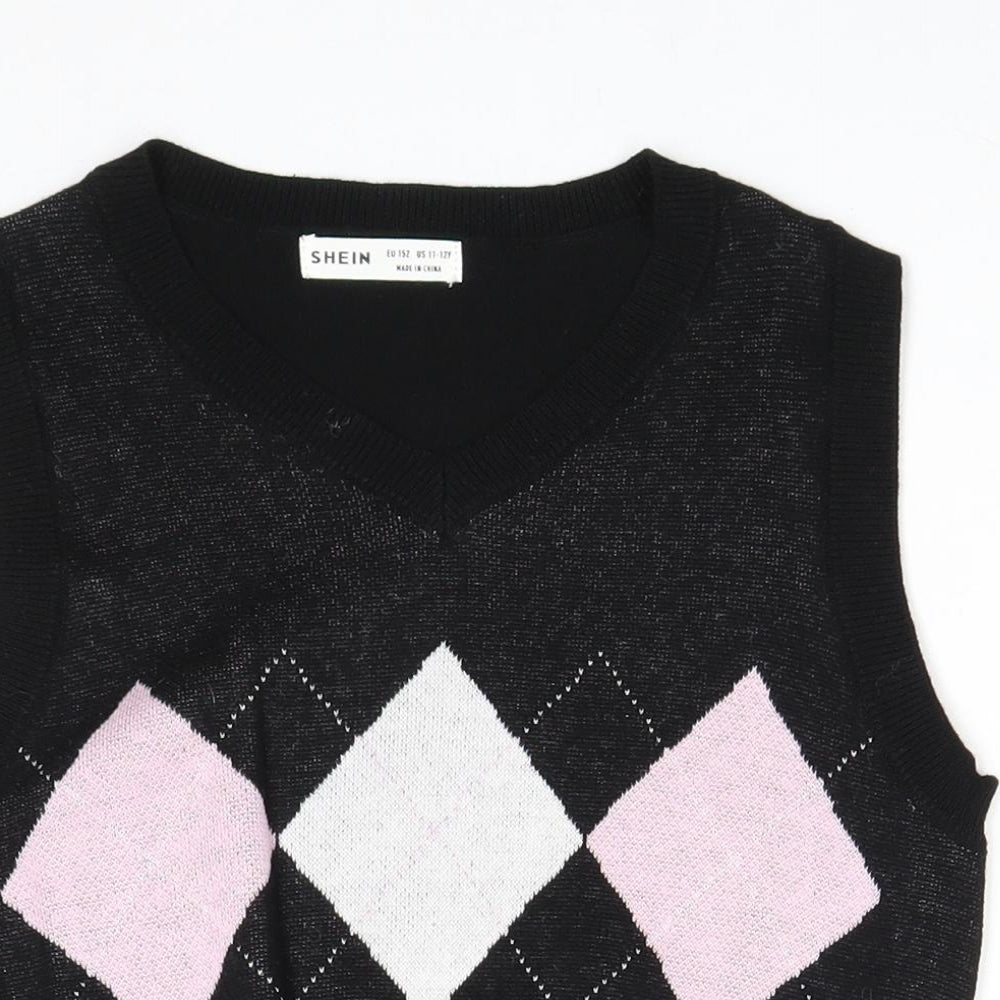SheIn Girls Black V-Neck Argyle/Diamond Polyacrylate Fibre Vest Jumper Size 11-12 Years Pullover