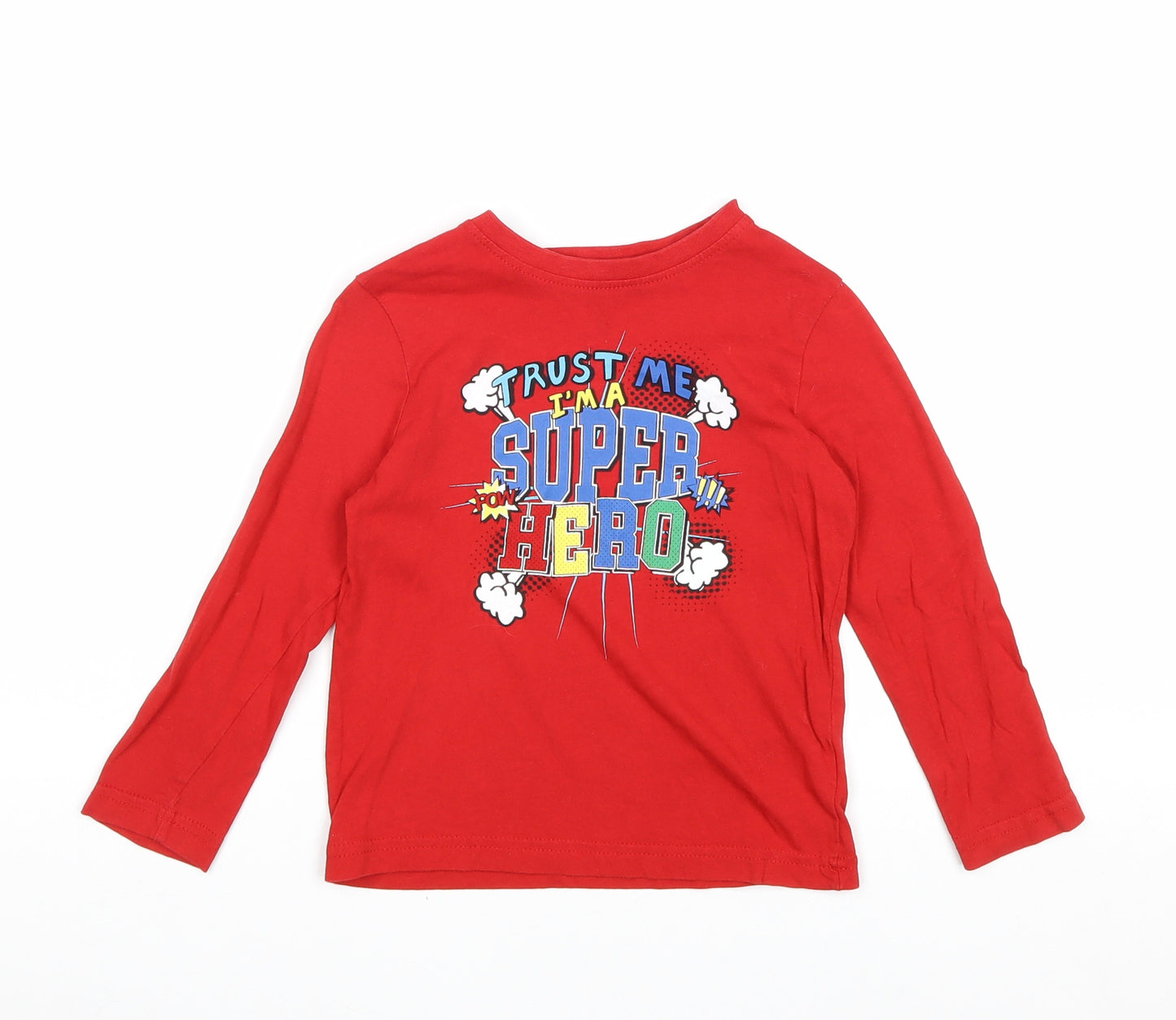 Primark Boys Red 100% Cotton Pullover T-Shirt Size 3-4 Years Round Neck Pullover - Super Hero
