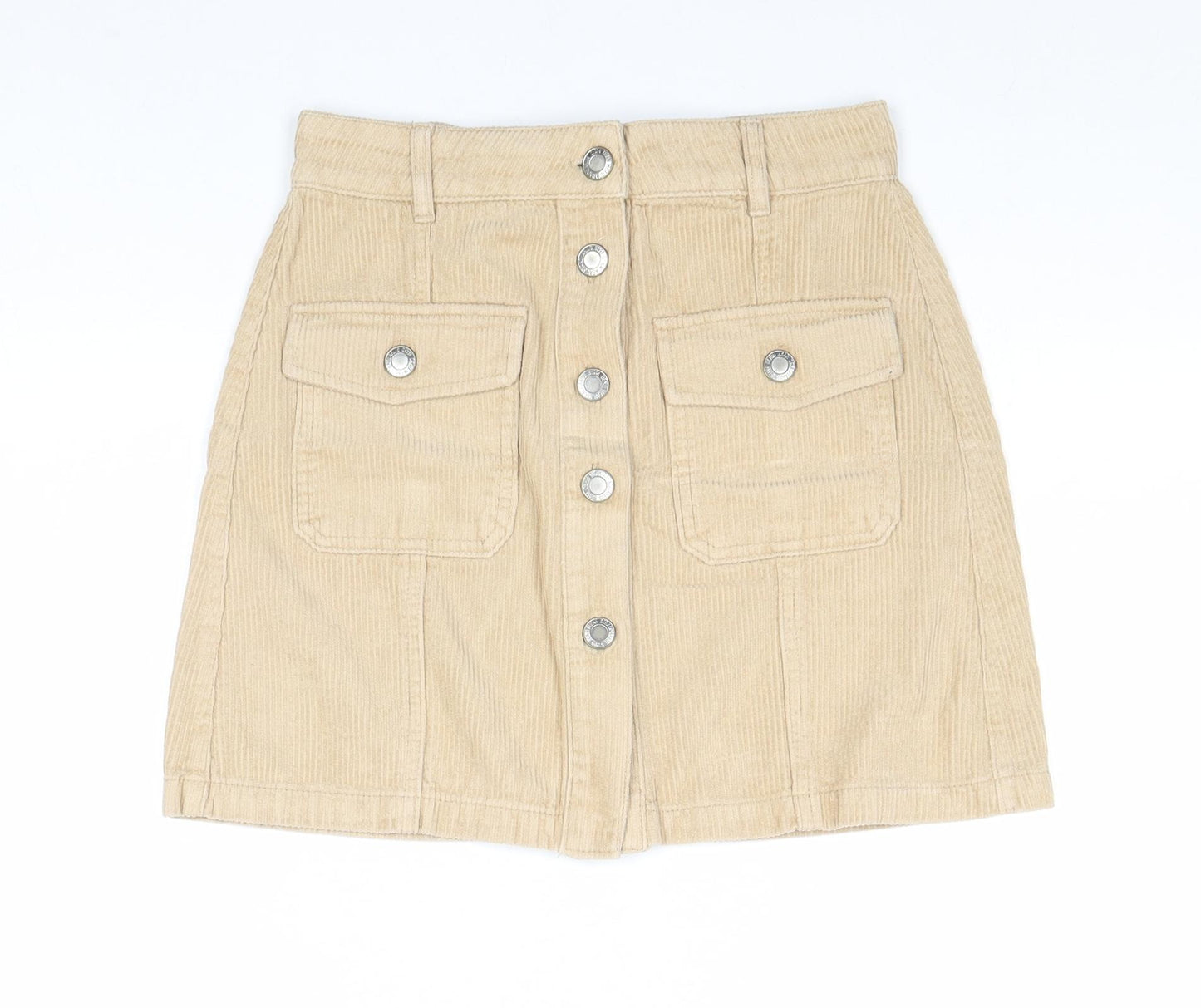 Stradivarius Womens Brown Cotton Mini Skirt Size 6 Button