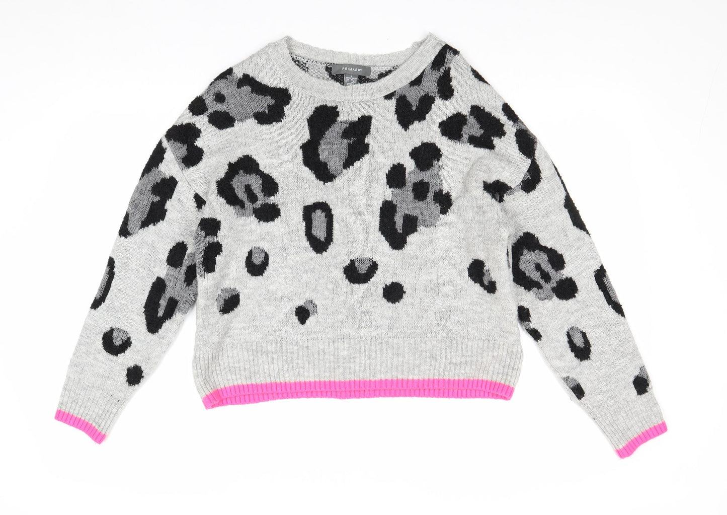 Primark Womens Grey Boat Neck Animal Print Acetate Pullover Jumper Size 10 - Contrasting Trim