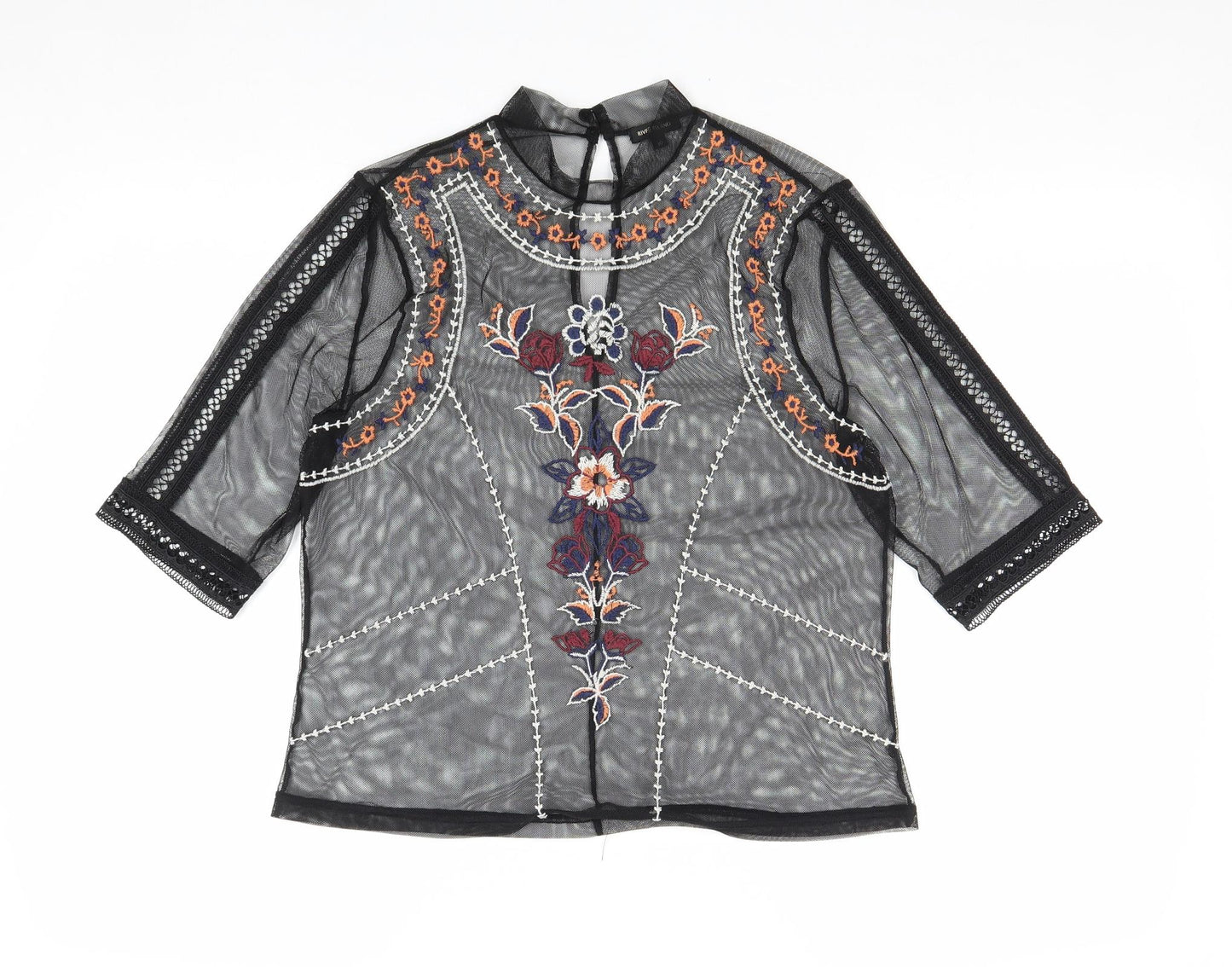 River Island Womens Black Floral Polyester Basic T-Shirt Size 10 Round Neck