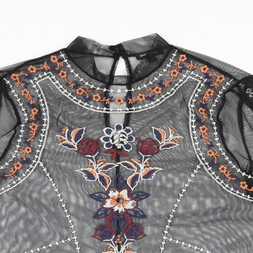 River Island Womens Black Floral Polyester Basic T-Shirt Size 10 Round Neck