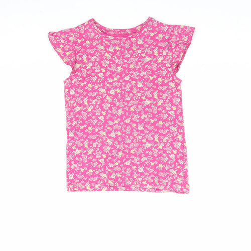 Preworn Girls Pink Floral 100% Cotton Basic T-Shirt Size 6 Years Round Neck Pullover
