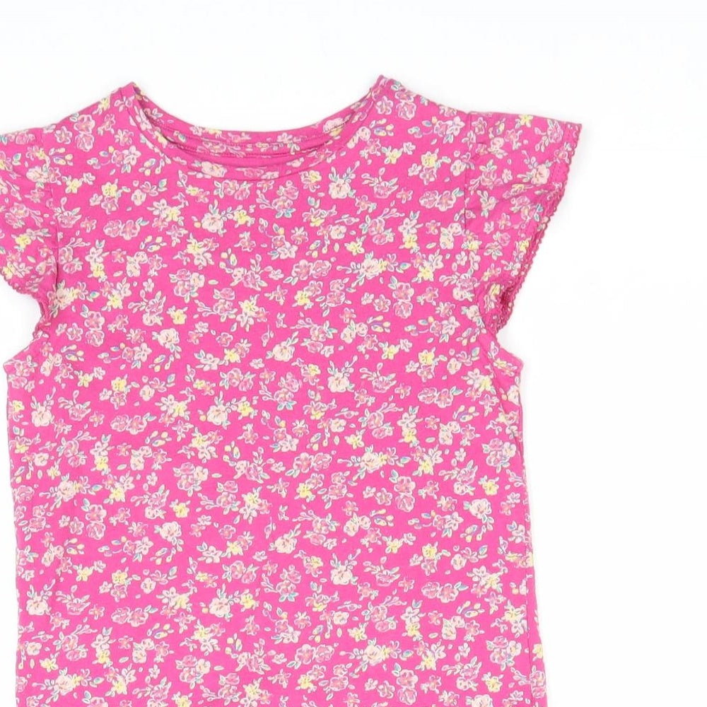 Preworn Girls Pink Floral 100% Cotton Basic T-Shirt Size 6 Years Round Neck Pullover