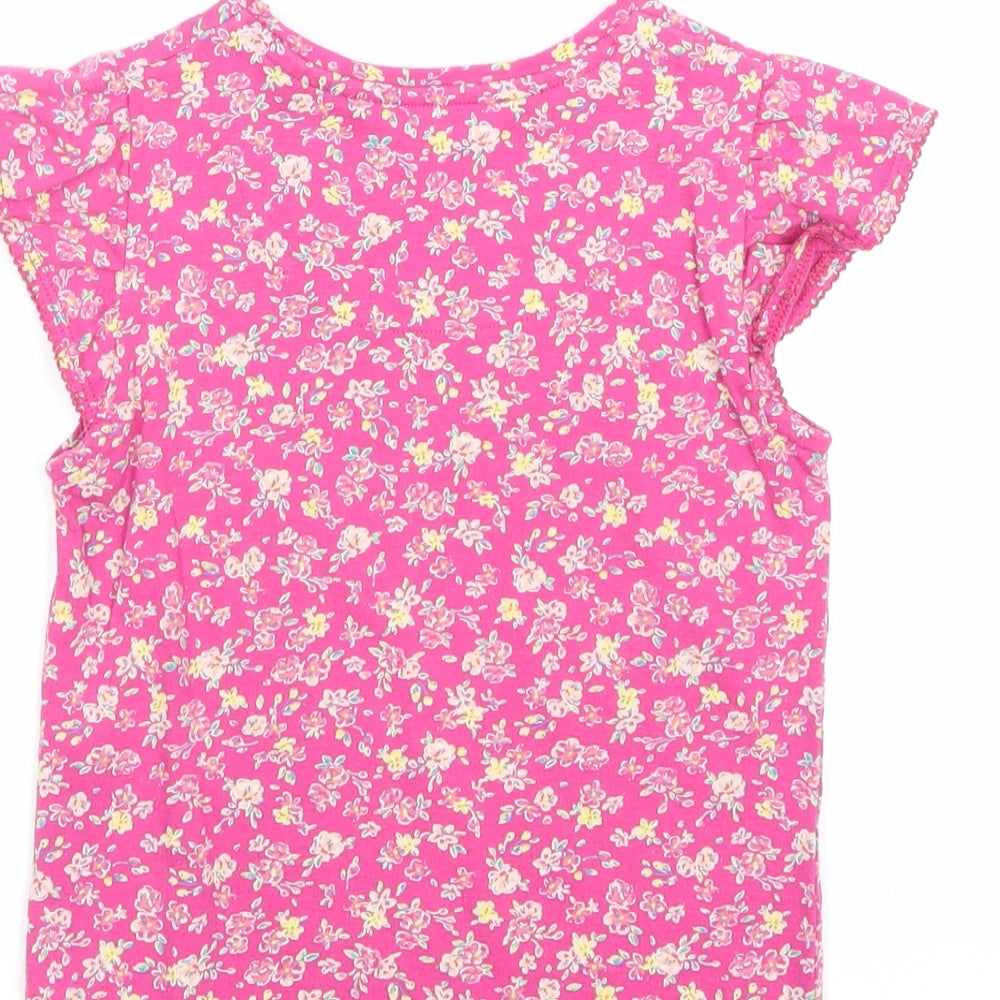 Preworn Girls Pink Floral 100% Cotton Basic T-Shirt Size 6 Years Round Neck Pullover