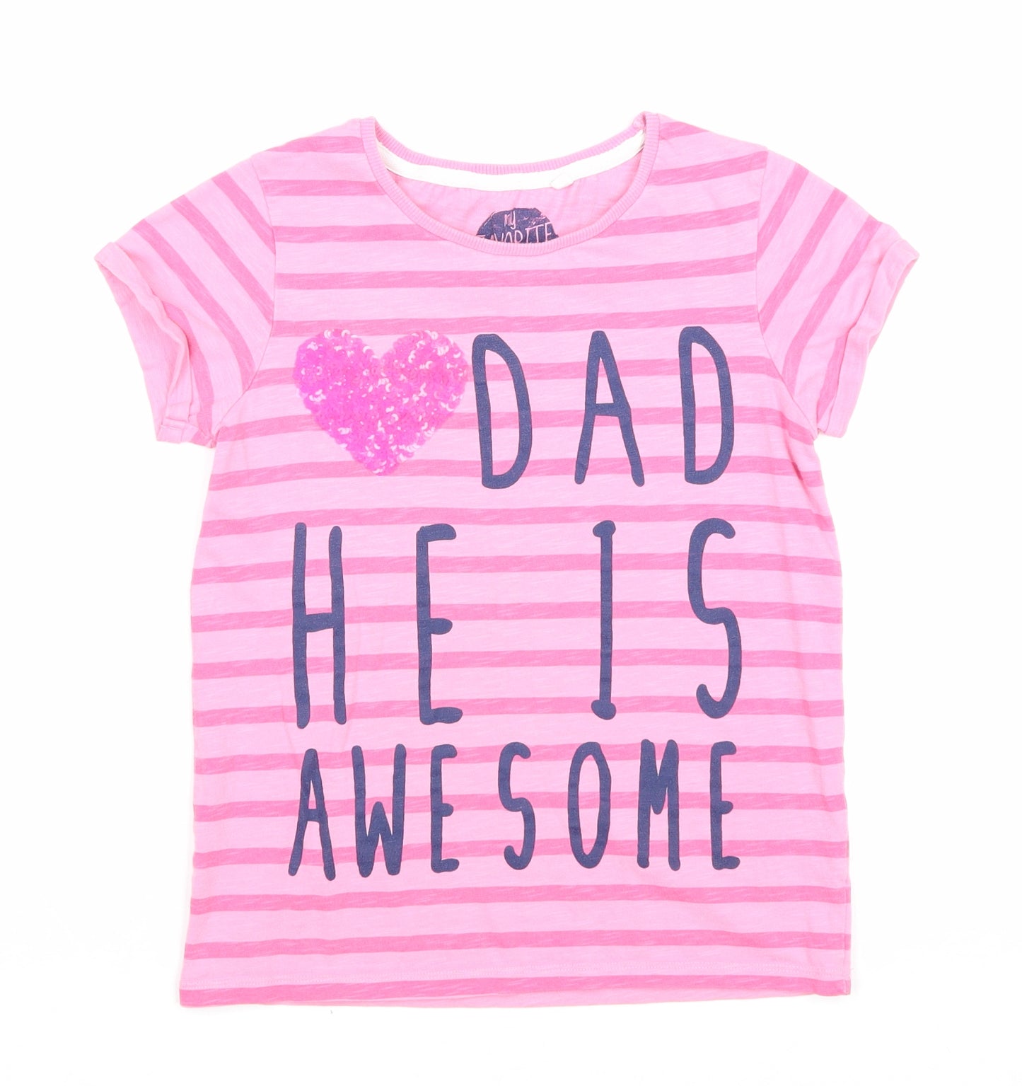 NEXT Girls Pink Striped 100% Cotton Basic T-Shirt Size 9 Years Round Neck Pullover - Dad He Is Awesome