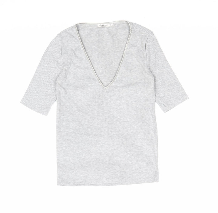 Stradivarius Womens Grey Polyester Basic T-Shirt Size S V-Neck
