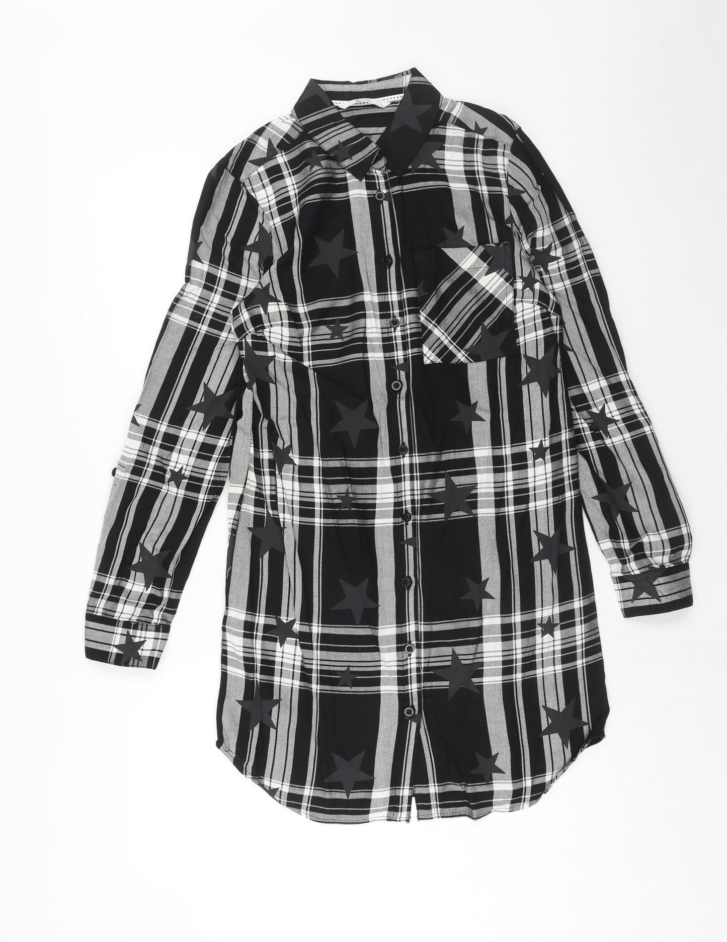 TU Womens Black Plaid Viscose Shirt Dress Size 8 Collared Button - Star Pattern