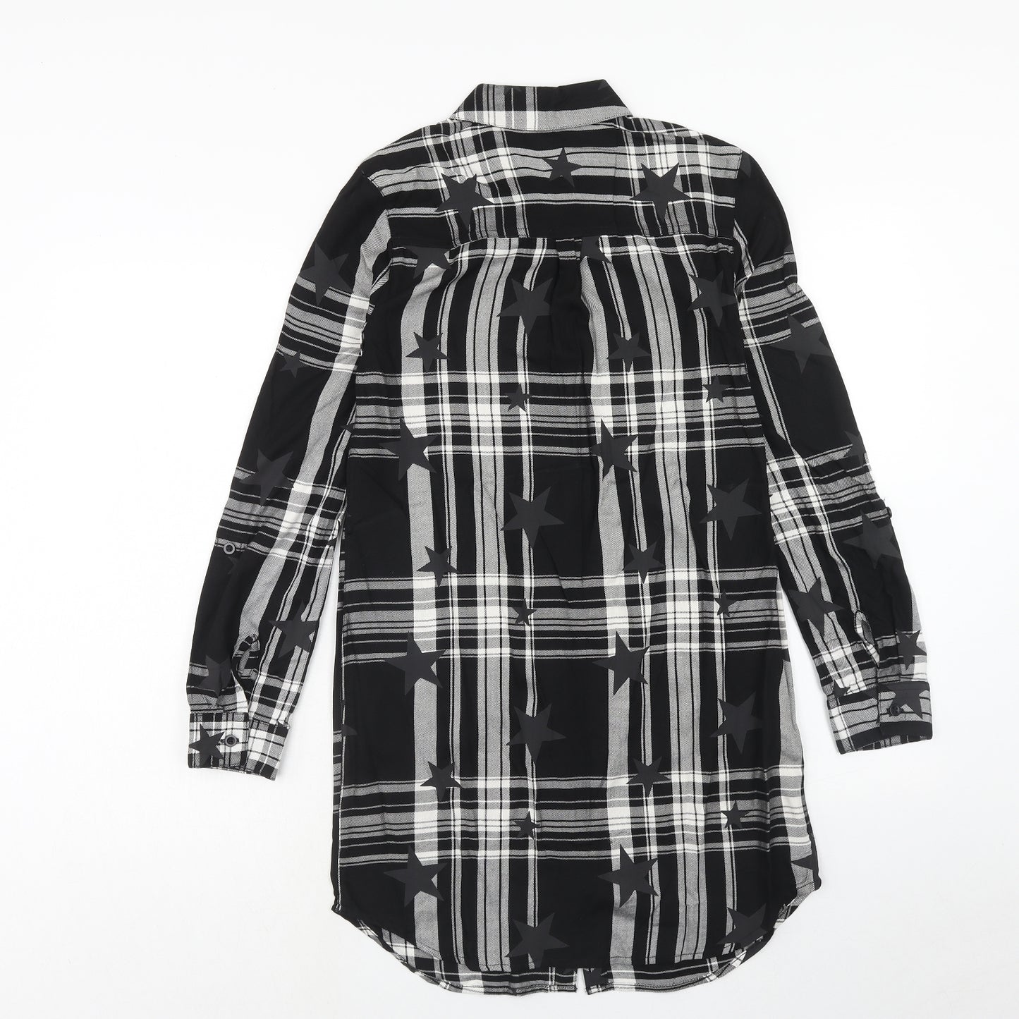 TU Womens Black Plaid Viscose Shirt Dress Size 8 Collared Button - Star Pattern
