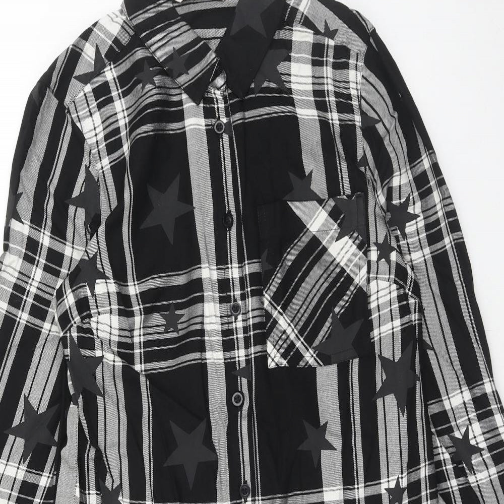 TU Womens Black Plaid Viscose Shirt Dress Size 8 Collared Button - Star Pattern